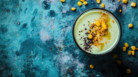 Creamy pandan sago pudding with black beans and corn in a glass bowl, garnished with a drizzle of coconut milk, shot from the top.の素材