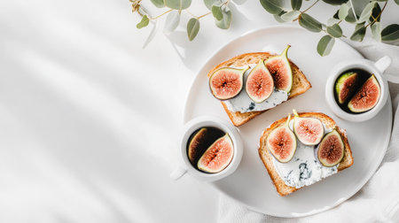 Cozy breakfast scene featuring gourmet toasts with blue cheese, prosciutto, and ripe figs, elegantly placed on a white tableの素材