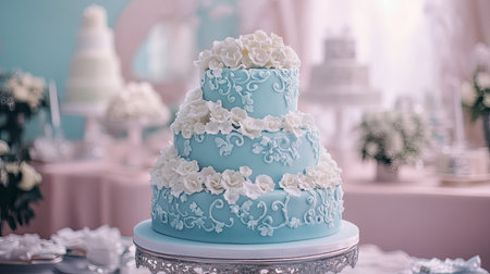 Elegant blue wedding cake with white cream flowers, placed on a decorated table with a blank label space, soft pastel backgroundの素材