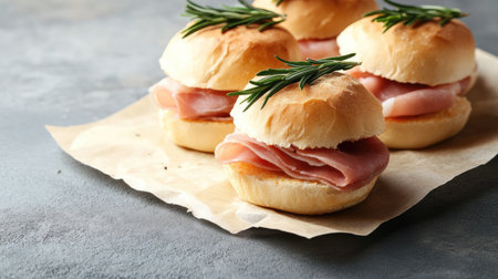 Delicious cured ham sandwiches with a rosemary garnish, styled on parchment paper over a rustic grey surface with natural shadowsの素材