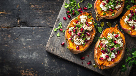 Delicious baked sweet potatoes with creamy feta, pomegranate seeds, and a drizzle of olive oil, served on a rustic grey wooden board with ample space for textの素材