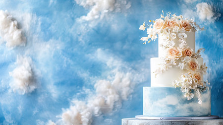 Elegant pastel blue wedding cake with floral cream details, set against a romantic backdrop, with space for a name or labelの素材