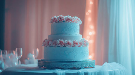 Elegant two-tiered white and blue wedding cake with sugar roses, placed on a decorated table, soft lighting, luxury celebration ambianceの素材