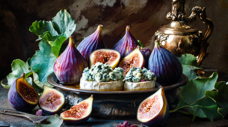 Elegant still life of figs stuffed with creamy blue cheese, bathed in soft natural light, and drizzled with honeyの素材