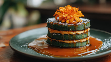 Elegant plating of pandan hot cake with caramelized sugar drizzle and artistic presentationの素材