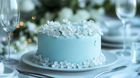 Exquisite blue cake with creamy white floral decorations, blank space for a greeting or message, set on an elegant party tableの素材