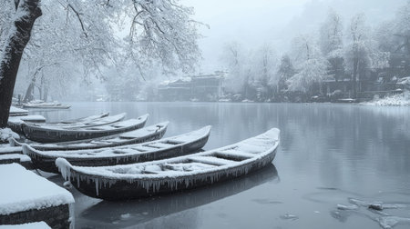 Frozen Dal Lake in winter, surrounded by snow-dusted trees and the stunning mountain range of Srinagar, with shikaras covered in frost.の素材