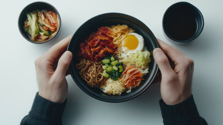 Flat lay of a traditional Korean Bibimbap meal, including a side of miso soup and kimchi, isolated on a white background.の素材