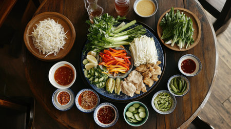 Flat lay of an Asian food feast, featuring Khao Man Gai, Thai iced tea, fresh vegetables, and various dipping sauces on a wooden table.の素材