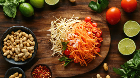 Flat lay of Som Tam ingredients including shredded papaya, cherry tomatoes, dried shrimp, peanuts, and lime, beautifully arranged on a wooden surface.の素材