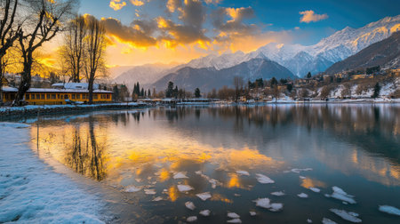 Golden hour over Dal Lake in winter, as the setting sun casts a warm glow on the icy water and the majestic snow-capped mountains in the background.の素材