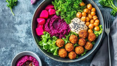 Flat lay of a nutritious takeaway meal with quinoa-based vegan meatballs, beetroot hummus, roasted chickpeas, and fresh greens in an eco-friendly bowl.の素材