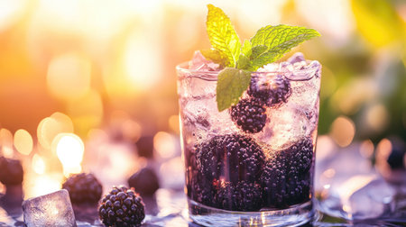 A close-up of cold detox water with blackberries, a mint leaf resting on top, with light reflecting off the ice cubesの素材