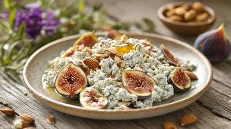 Blue cheese crumbles with halved figs, almonds, and honey drizzle, styled in a cozy food background with neutral tonesの素材