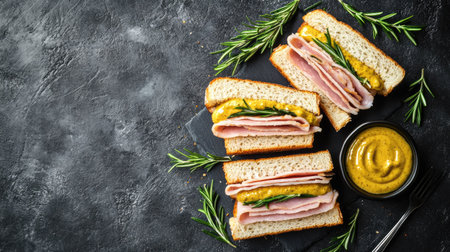 Close-up shot of fresh sandwiches with cured ham, rosemary, and whole grain mustard, styled on a textured grey table surfaceの素材