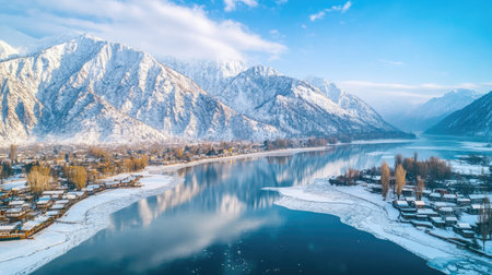 A stunning aerial shot of Dal Lake in winter, showcasing a breathtaking contrast between the frozen lake, houseboats, and towering white peaks.の素材