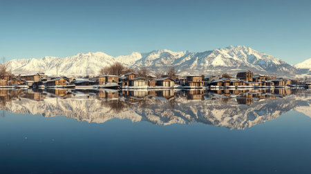A panoramic view of Dal Lake in winter, with the Himalayan range reflecting in the still waters and Kashmiri houseboats blanketed in snow.の素材