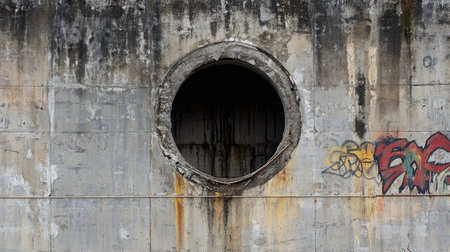 Dilapidated grey wall with a perfectly circular hole in the center, surrounded by graffiti and exposed rebar peeking throughの素材