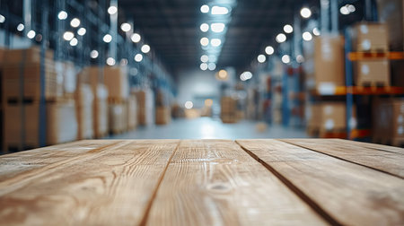 Detailed wooden table surface in the foreground with a blurred image of a spacious and brightly lit warehouse storage facilityの素材