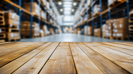 Detailed wooden table surface in the foreground with a blurred image of a spacious and brightly lit warehouse storage facilityの素材