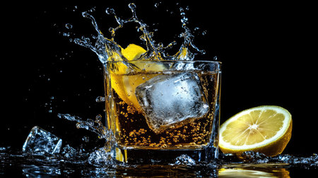 Dramatic splash of an ice cube in a carbonated beverage, frozen in motion, with lemon garnish. Hard lighting, deep contrast.の素材