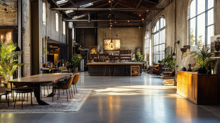 Empty modern storehouse with high ceilings, wide-open space, and bright natural light entering through large windows and skylightsの素材