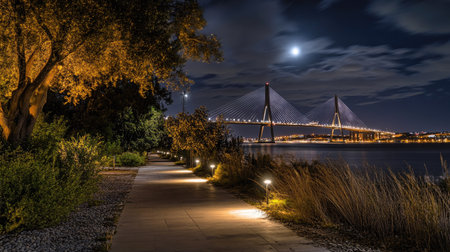 Dramatic night lights on the Vasco da Gama Bridge, with its towering structure glowing softly against Lisbon's dark skylineの素材