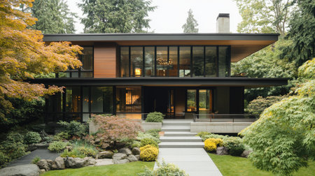 Front view of a contemporary European home with sleek lines, a flat roof, and a mix of wood, glass, and concrete materials for a balanced lookの素材