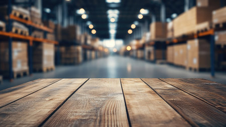 Detailed wooden table surface in the foreground with a blurred image of a spacious and brightly lit warehouse storage facilityの素材