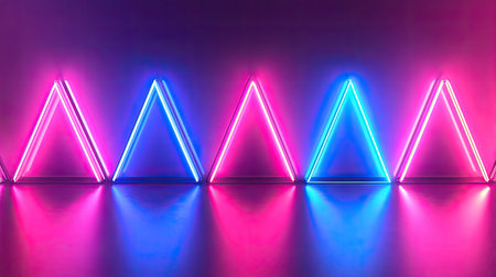 Dynamic composition of neon triangle lights in a chaotic yet symmetrical pattern, creating an energetic abstract decorative styleの素材