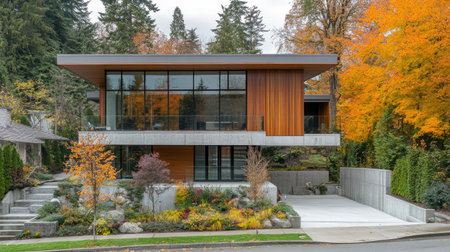Front view of a contemporary European home with sleek lines, a flat roof, and a mix of wood, glass, and concrete materials for a balanced lookの素材