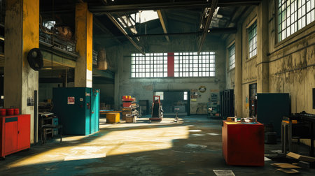 Expansive factory workshop interior with wide-open floor space, high ceilings, and bright lighting for optimal industrial workflowの素材