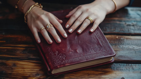 Feminine hands with golden bracelets and rings resting on an elegant leather-bound journal for business marketing visuals.の素材