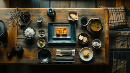 Japanese breakfast served in a ryokan, with neatly arranged small plates containing miso soup, steamed rice, tamagoyaki, and fresh tofuの素材