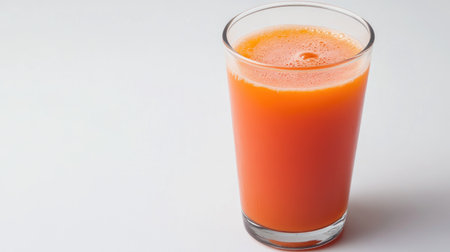 Glass of tomato juice placed slightly off-center on a white background, space for branding or text placement.の素材