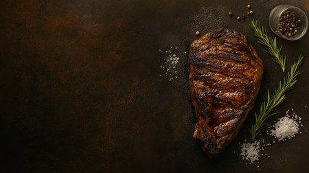 Juicy BBQ steak resting beside a wine glass, top-down view, scattered salt, pepper, and rosemary, dark textured background.の素材