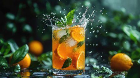 Citrus-infused iced tea with a splash effect, droplets frozen mid-air, vibrant drink on a cool stone background.の素材