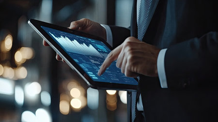 Business executive analyzing financial data on a futuristic tablet, with economic graphs and profit trends displayedの素材