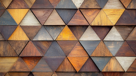 Close-up of a geometric wood wall with interlocking triangular panels in earthy tones, creating a stylish and decorative backgroundの素材