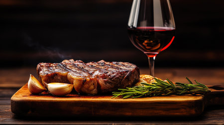Char-grilled steak resting on a cutting board with grilled garlic, rosemary, and a glass of red wine, dramatic lighting.の素材