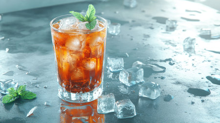 Chilled lemon iced tea in a clear glass, with melting ice cubes and fresh mint, placed on a cool gray concrete surface.の素材