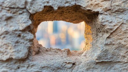 Close-up of a textured grey concrete wall, a rectangular hole revealing a blurred cityscape in the background, dramatic lighting enhances the cracksの素材