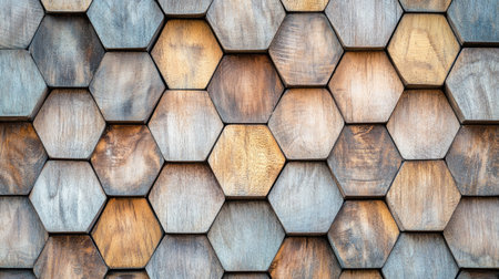 Close-up of a wooden wall with diamond and hexagonal shapes in natural tones, creating a sophisticated geometric patternの素材