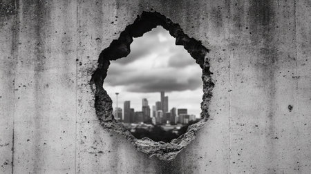 Close-up of a textured grey concrete wall, a rectangular hole revealing a blurred cityscape in the background, dramatic lighting enhances the cracksの素材