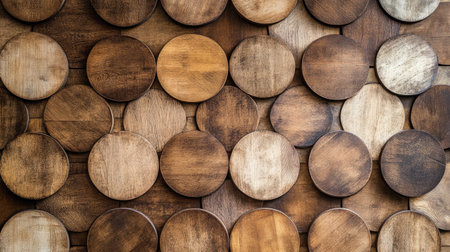Close-up of overlapping circular wood panels forming a unique geometric wall design, showcasing natural textures and clean aestheticsの素材