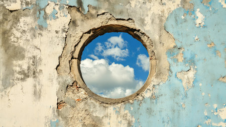 Cracked concrete wall in shades of grey, with a rough circular hole exposing blue sky and clouds beyond, surrounded by peeling paintの素材