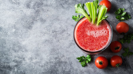 Close-up of tomato juice with a celery garnish, bright and clean background, copy space on the side for text.の素材