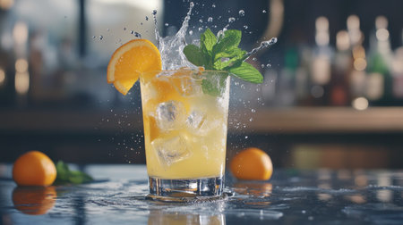 Cold lemonade with floating ice cubes, high-speed splash captured mid-motion, bright citrus and mint garnish.の素材