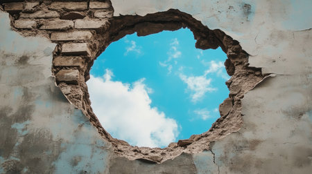 Cracked concrete wall in shades of grey, with a rough circular hole exposing blue sky and clouds beyond, surrounded by peeling paintの素材