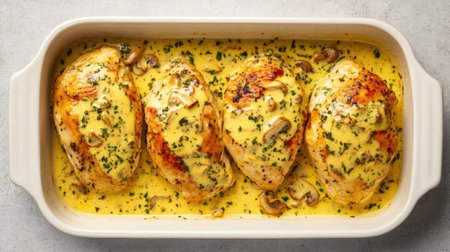 Creamy roasted chicken breast with buttery mushrooms, plated beautifully in a white dish, set on a neutral gray concrete background.の素材